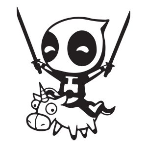 deadpool riding a unicorn